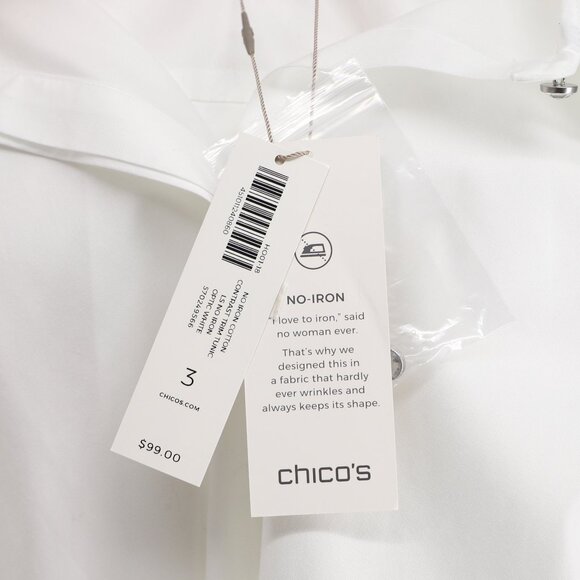 NWT CHICO'S No Iron Cotton Contrast Trim Tunic Shirt Optic White Size 3 (XL/16) - Picture 9 of 10